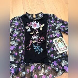 NWT Aratta brand long-sleeve top featuring black sheer fabric SMALL embroidery